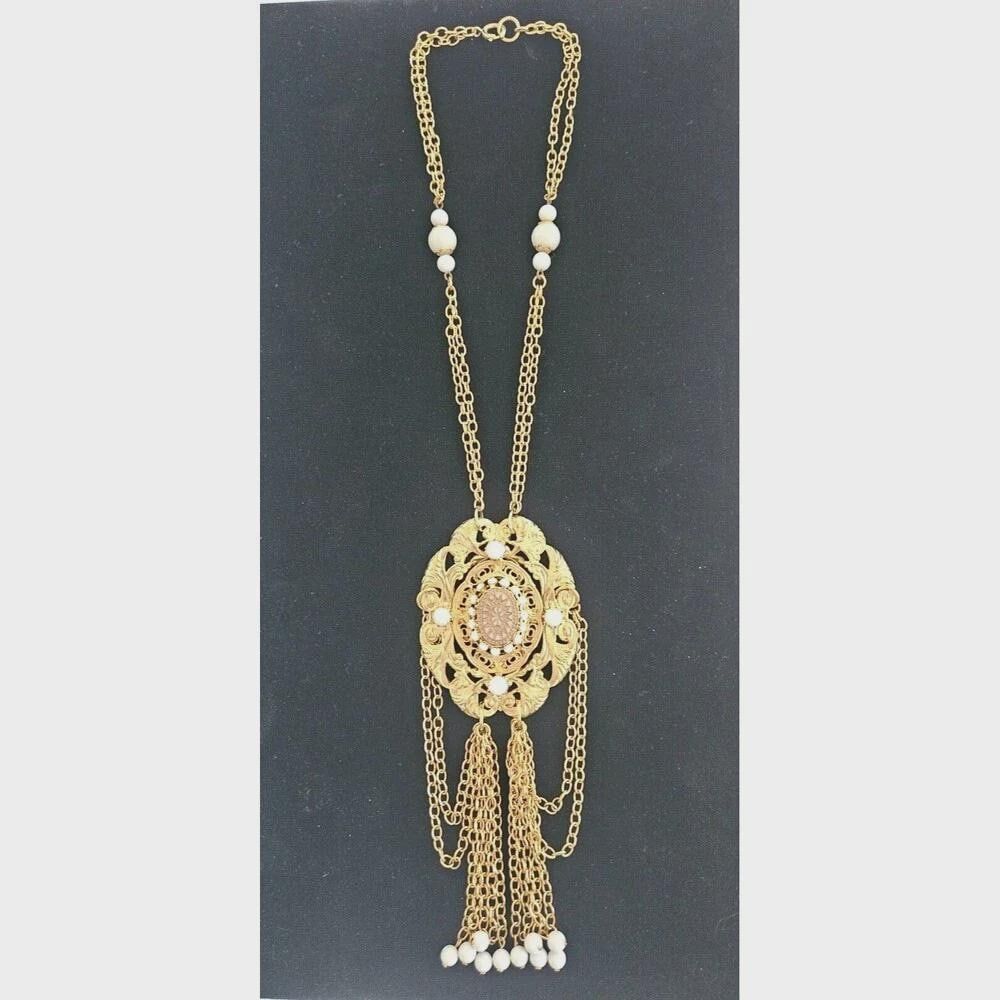 Vintage Jewelry Signed Hobe Necklace Filigree Tassel Faux Pearl Gold Tone Victor